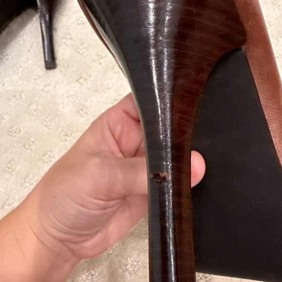 Michael Kors Brown Peep-Toe Platform Heels w/ Gold Logo Plate | Size 7 - Picture 7 of 8